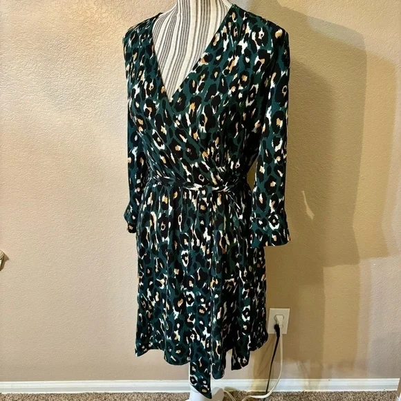 Express Dress Small Olive Green Animal Print Black Mustard Cream Mini Faux Wrap - Picture 6 of 15